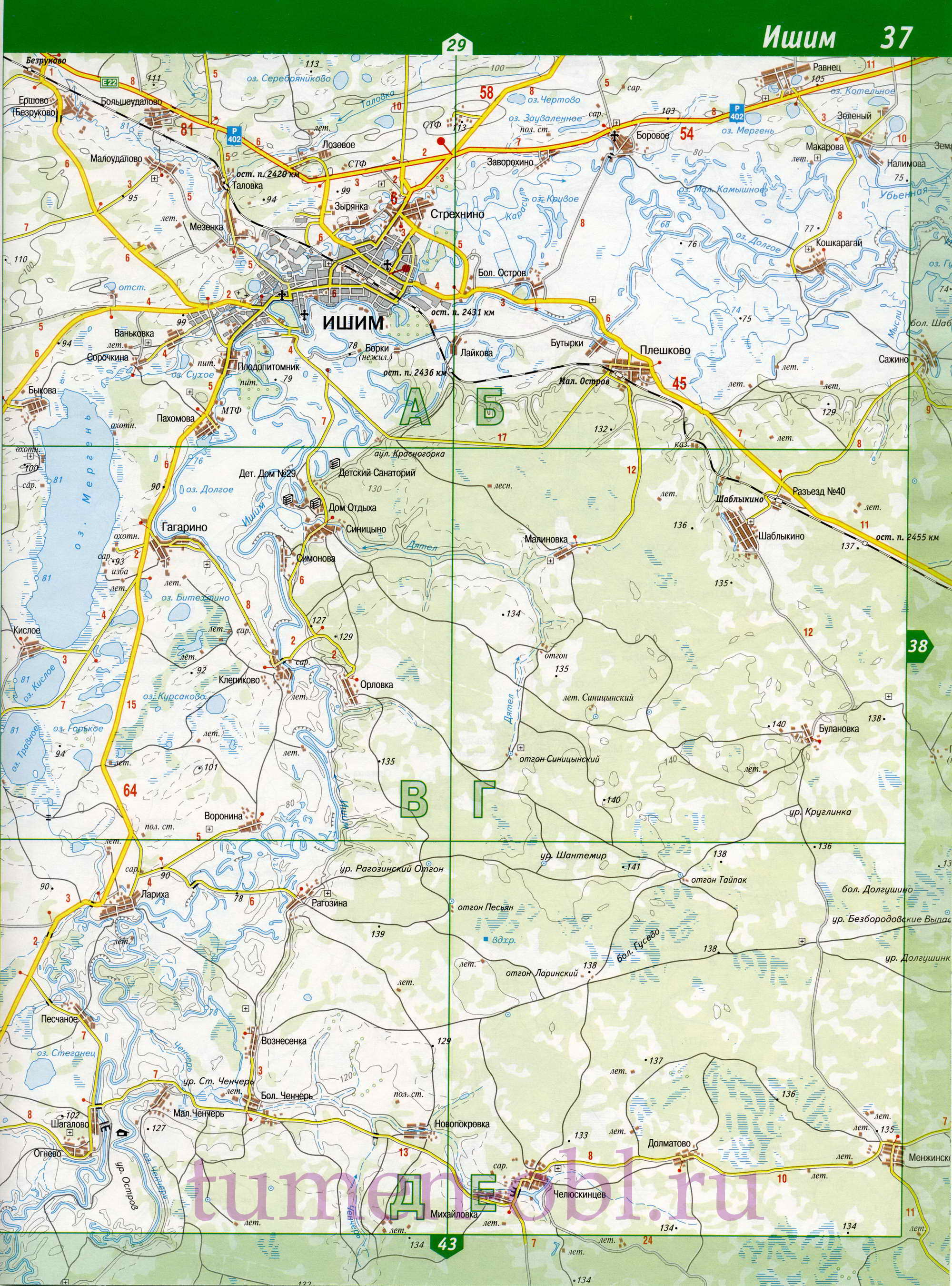 Карта Ишимский район Тюменской области. Подробная крупномасштабная карта Ишимского района, B1 - 